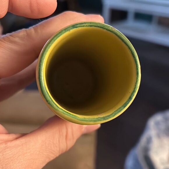 Vintage 4” Cylinder Vase Bright Yellow with Orange Flower. - Picture 6 of 6